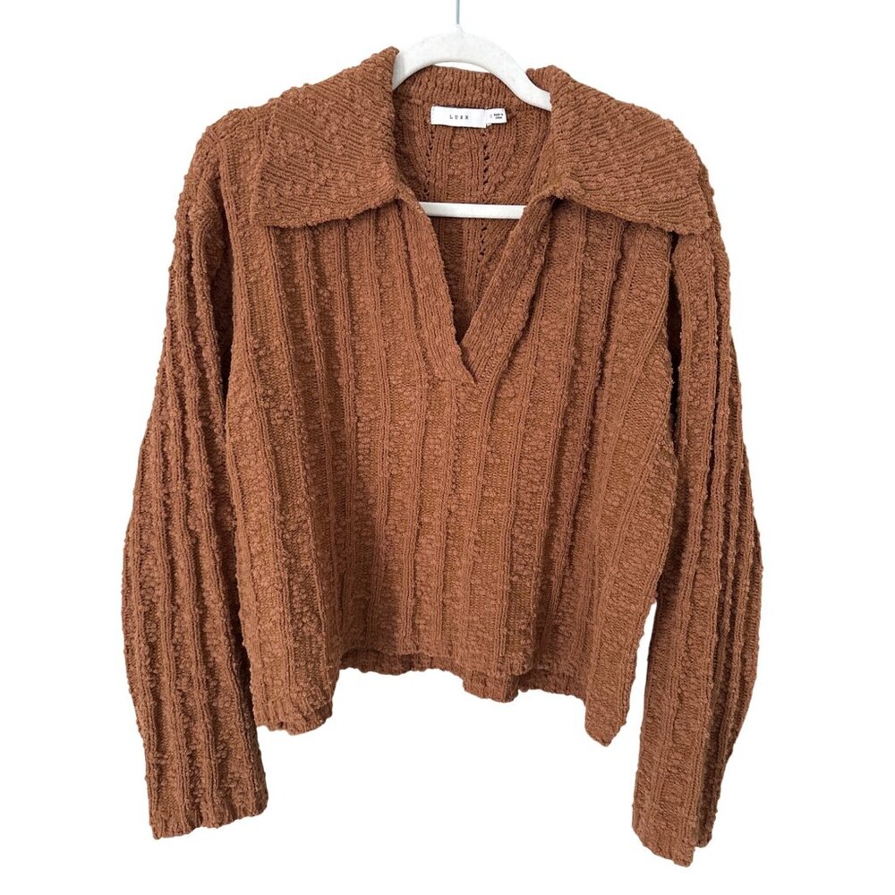 Lush Sweater Size Small Collared V Neck Long Sleeve Textured Maple Coffee Knit